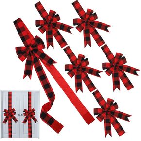 MCEAST 10 Pieces Christmas Door Cabinet Bows Large Christmas Red Buffalo Plaid Ribbons Cabinet Door Bows for Christmas Festive Party Supplies,10 x 87 Inches
