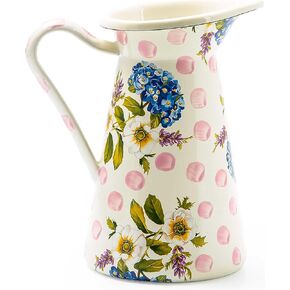 MACKENZIE-CHILDS Practical Enamel Pitcher, Decorative Pitcher for Drinks, Flowers, and Decor, Large, White Flower Market