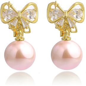 Pink/White Pearl Bow Clip on Earrings Women Rhinestone Bow Clip Earrings Cute Bow Clip Earrings