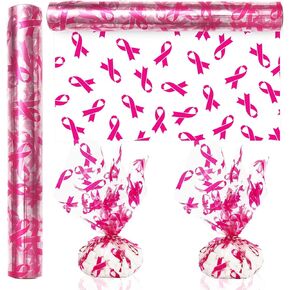 JarThenaAMCS Breast Cancer Awareness Cellophane Wrap Roll 100ft x 16 In 2.5Mil Pink Ribbon Cellophane Paper Clear Cello Wrapping Paper for Treat Gift Basket Party Favor