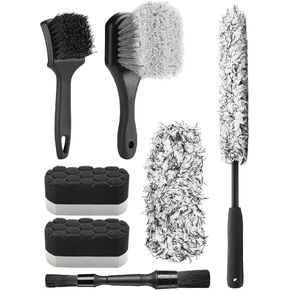 Fantasticlean 7PCS Car Wheel Cleaning Pro Kit, Tire Brush, Soft-bristled Rims Brush, Microfiber Flat Wheel Brush, Double-Ended Detailing Brush, Detailing Pads, Scratch-Free & Multipurpose