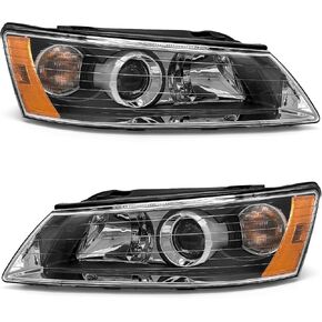 Headlight Compatible with 2006 2007 2008 Hyundai Sonata Headlamp with Black Housing Amber Reflector Headlamp Replacement Pair (Black Housing Amber Reflector Clear Lens)