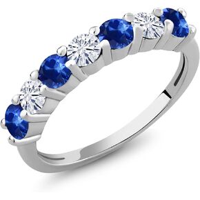 Gem Stone King 925 Sterling Silver Round Sapphire and Moissanite Anniversary Ring For Women (1.36 Cttw, Gemstone Birthstone, Available in size 5, 6, 7, 8, 9)