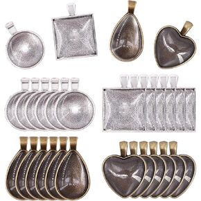 Glarks 48-Pieces 4 Styles Pendant Trays 24pcs Round & Square & Heart & Teardrop and 24pcs Bright Glass Cabochon Dome Tiles for Crafting DIY Jewelry Gift Making