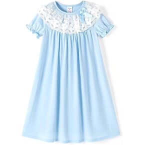 PATPAT Girls Princess Lace Nightgown Short Sleeve Sleepwear Nightdress O-Neck Loose Nightwear Homewear Baby Blue