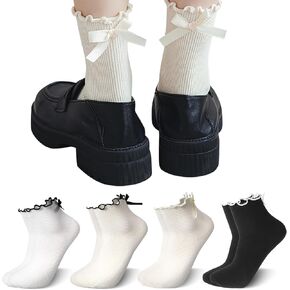 4 Pairs Bow Socks Women Ruffle Socks Frilly Socks with Bows Ruffle Crew Socks for Women Black White Ruffle Ankle Socks Soft Breathable Cotton Thin Cotton Socks Cute Ruffle Socks Frilly Fashion Socks