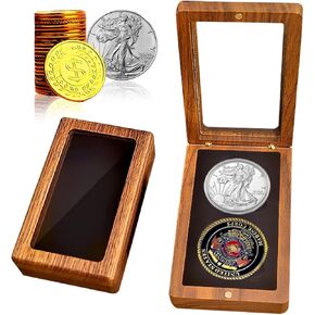 Challenge Coin Case Silver Dollar Coin Display Box, Suits 1.57"-1.81" inch Walnut Wooden Coin Box Double Coin Display Case, Military Collectible Coins with DIY Adjustable Gasket