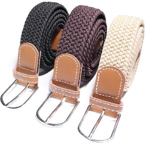 Belt for Men 3 Packs, Stretch Braided Web Mens Women Belts, Casual Elastic Belt with Covered Leather Buckle for Golf Jeans Pants Shorts 1 3/8" (Black, Brown, Khaki)