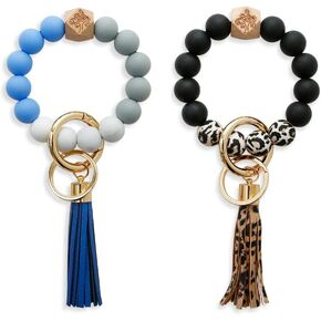 2 Piece Women Silicone Keychain Bracelet Beaded Wristlet Key Ring Bangle Chains with Leather Tassel