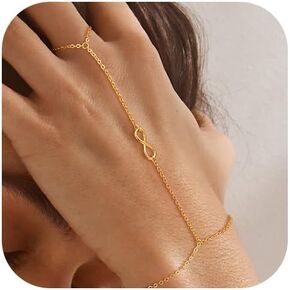 Hand Chain Bracelet Ring Bracelet Hand Chain Dainty 14K Gold Hand Charm Stack Beaded Chain Bracelets Non Tranish Trendy Finger Ring Hand Chain Jewelry Gift for Women