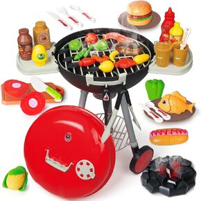 Upgrade 79PCS Toy BBQ Grill Set,Kitchen Toy Set,Toddler Grill Playset with Realistic Spray,Light&Sound, Interactive BBQ Toy Set for Kids,Christmas Birthday Gift for Boys Girls Kids