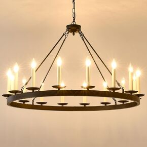 40" Large Wagon Wheel Chandelier Farmhouse,Black Rustic Vintage Chandelier,Industrial Round White Candle Pendant Lighting for High Ceilings Porch Dining Room Kitchen Living Room Foyer