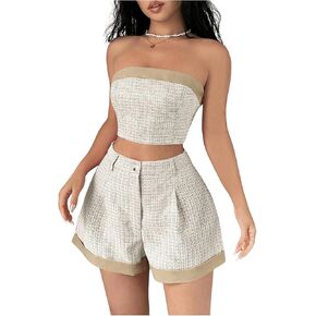 MakeMeChic Women's Two Piece Outfit Strapless Zipper Bandeau Crop Top and Wide Leg Shorts Set