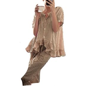 KMBANGI Women Y2K Plaid Pajama Sets Ruffle Hem Gingham Short Sleeve Shirt High Waist Bell Bottom Pants Lounge Sets