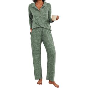 Ekouaer Women's Pajamas Set 2 Piece Knit Long Sleeve Button Down Sleepwear Soft Pjs Lounge Sets S-XXL