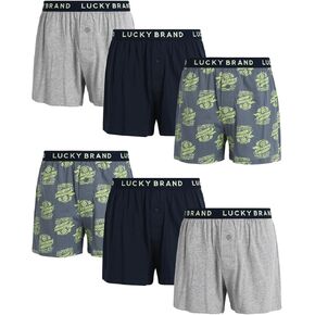 Lucky Brand Men's Boxer Shorts – 6 Pack Loose Fit Soft Knit Mens Underwear Boxers - Breathable Classic Boxers for Men (S-XL), Size XX-Large, Dark Grey/Stormy Weather Print/Light Grey Heather