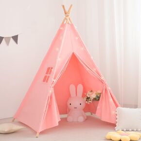 Kids Teepee Tent with Lights & Carry Bag, Natural Cotton Canvas Toddler Tent, Outdoor Play Tent for Girls & Boys, Natural Cotton Canvas Washable Foldable Teepee Tent for Kids Indoor Tent