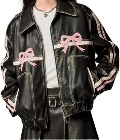 Y2k Leather Jacket Bowknot Bowtie Graphic Motorcycle Jacket Womens Vintage Crop Oversized Grunge Clothes in Saudi Arabia