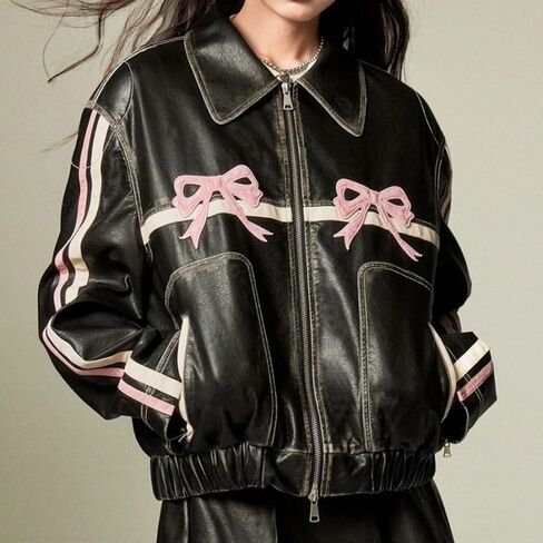 Y2k Leather Jacket Bowknot Bowtie Graphic Motorcycle Jacket Womens Vintage Crop Oversized Grunge Clothes in Saudi Arabia