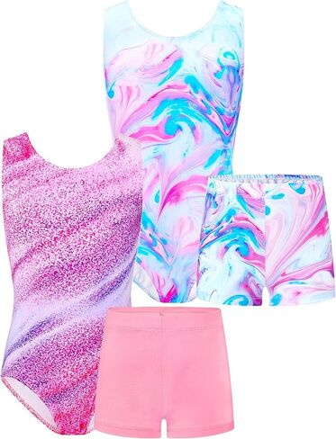 TENVDA Bundles of Gymnastics Leotards for Girls 5-6 Years Old Pink Blue Marble and Stripes Print Sleeveless Tumbling Outfit Matching Shorts Sets in Kuwait