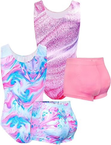 TENVDA Bundles of Gymnastics Leotards for Girls 5-6 Years Old Pink Blue Marble and Stripes Print Sleeveless Tumbling Outfit Matching Shorts Sets in Kuwait
