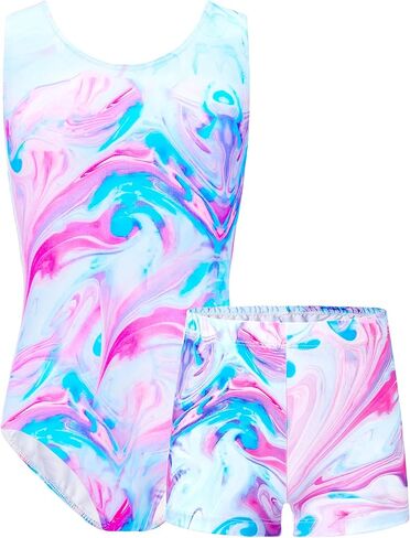 TENVDA Bundles of Gymnastics Leotards for Girls 5-6 Years Old Pink Blue Marble and Stripes Print Sleeveless Tumbling Outfit Matching Shorts Sets in Kuwait