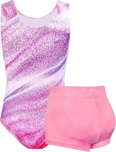 TENVDA Bundles of Gymnastics Leotards for Girls 5-6 Years Old Pink Blue Marble and Stripes Print Sleeveless Tumbling Outfit Matching Shorts Sets in Kuwait