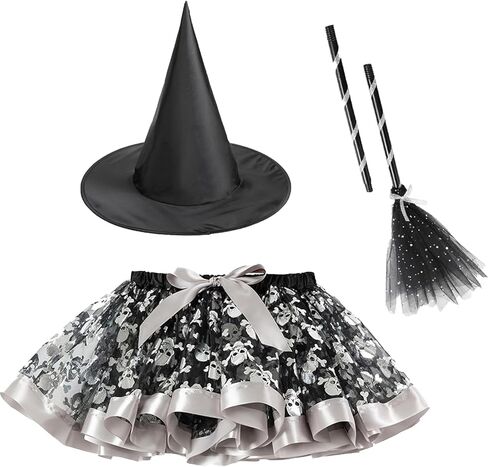 Happy Cherry Toddler Girls Witch Tutu Skirt Set with Hat & Broomstick 3 Pcs Dress Up Halloween Outfits 3-8Y in Kuwait