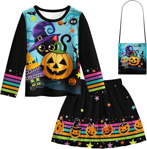 LQSZ Halloween Girls Skirt Sets Dress Cat Pumpkin Tops Long Sleeves Tutu Skirts with Bag Outfits for 2-12Y Toddler Party Wear in Saudi Arabia