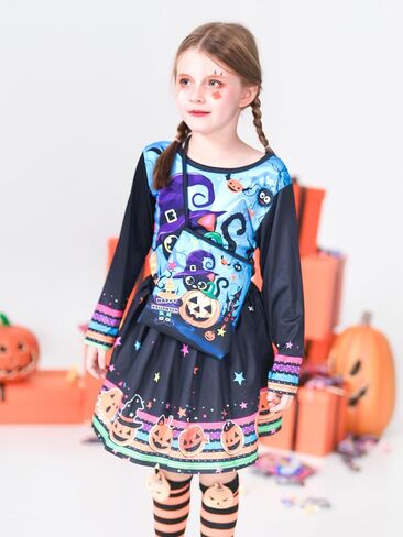 LQSZ Halloween Girls Skirt Sets Dress Cat Pumpkin Tops Long Sleeves Tutu Skirts with Bag Outfits for 2-12Y Toddler Party Wear in Saudi Arabia