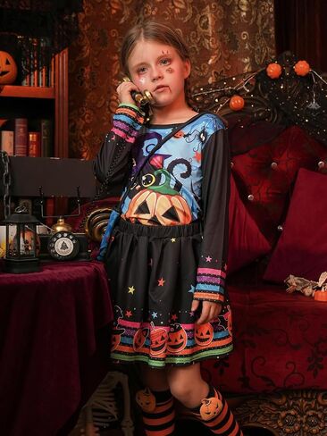 LQSZ Halloween Girls Skirt Sets Dress Cat Pumpkin Tops Long Sleeves Tutu Skirts with Bag Outfits for 2-12Y Toddler Party Wear in Saudi Arabia