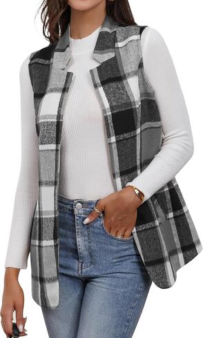 IDEALSANXUN Wool Plaid Vest for Women Fall Winter Coat Sleeveless Blazer Jackets Casual Outwear Open Front Cardigan Top in Kuwait