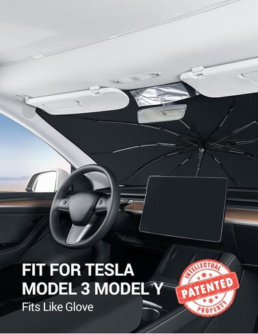 BASENOR 2024 Newest Telsa Model 3 Model Y Windshield SunShade [Nano Ice Crystal Particle] Umbrella Front Window Sun Shade [No Gaps] Coating 100% Heat Protection Retractable Sunshades Telsa Accessories in Kuwait