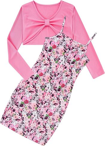 Girls 2 Piece Outfits Adjustable Shoulder Strap Cami Dress with Long Sleeve Blouse Top Set for 5-12 Years in Saudi Arabia
