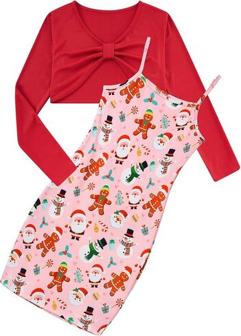 Girls 2 Piece Outfits Adjustable Shoulder Strap Cami Dress with Long Sleeve Blouse Top Set for 5-12 Years in Saudi Arabia