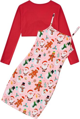Girls 2 Piece Outfits Adjustable Shoulder Strap Cami Dress with Long Sleeve Blouse Top Set for 5-12 Years in Saudi Arabia