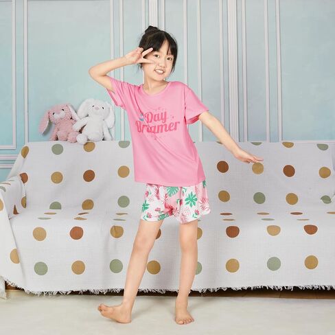 ICOSY Girls Pajamas Set for Kids Pajamas 2 PCS Short Sleeve Top and Shorts for Toddler Girls Clothes Size 8-14 in Saudi Arabia