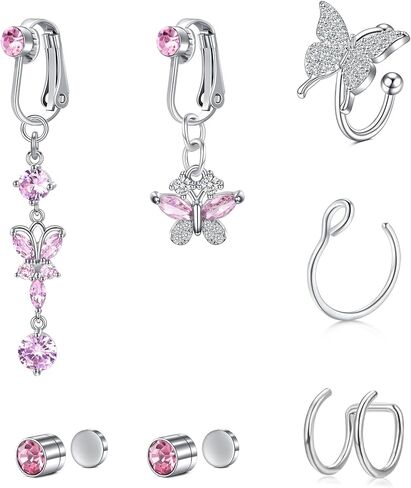 FECTAS Fake Belly Button Rings Clip on Earrings Ear Cuff Fake Nose Rings Fake Piercings Faux Piercing Jewelry Pack Pink in Saudi Arabia