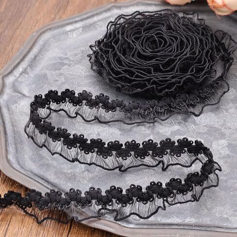 IDONGCAI Elastic Ruffle Lace Trim 10Yards 0.4Inch Stretch Narrow Ruffle Edge Lace Ribbon Black in Saudi Arabia