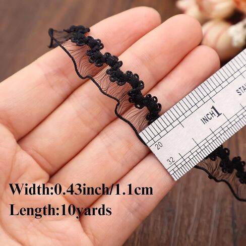 IDONGCAI Elastic Ruffle Lace Trim 10Yards 0.4Inch Stretch Narrow Ruffle Edge Lace Ribbon Black in Saudi Arabia