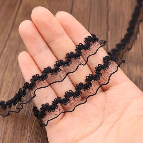 IDONGCAI Elastic Ruffle Lace Trim 10Yards 0.4Inch Stretch Narrow Ruffle Edge Lace Ribbon Black in Saudi Arabia