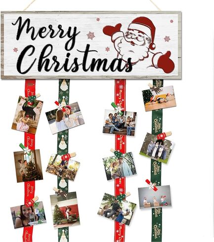Christmas Card Holder,Christmas Hanging Sign Display,Gift Card Tree Holder, Santa Claus Merry Christmas Wooden Sign Picture Holder with 30 Clips for Farmhouse Christmas Home Holiday Wall Decor in Saudi Arabia