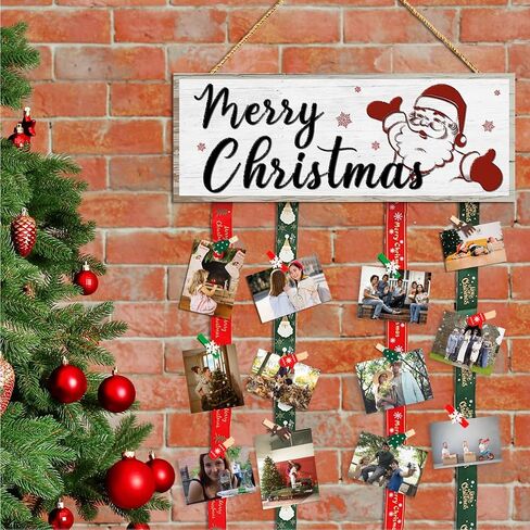 Christmas Card Holder,Christmas Hanging Sign Display,Gift Card Tree Holder, Santa Claus Merry Christmas Wooden Sign Picture Holder with 30 Clips for Farmhouse Christmas Home Holiday Wall Decor in Saudi Arabia
