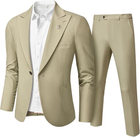 MrSure 2-Piece Mens Linen Suit, Slim Fit Blazer Pants Suit Set for Casual Beach Wedding Summer Groomsmen Linen in Kuwait
