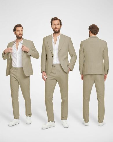 MrSure 2-Piece Mens Linen Suit, Slim Fit Blazer Pants Suit Set for Casual Beach Wedding Summer Groomsmen Linen in Kuwait