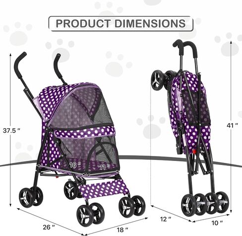 MoNiBloom 4 Wheels Pet Stroller, Easy-Fold Puppy Cage Jogger Stroller with Sun Cover, Pad and Rear Storage Bag, Breathable and Visible Mesh for Small/Medium Pets up to 22 lbs, Balck in Saudi Arabia