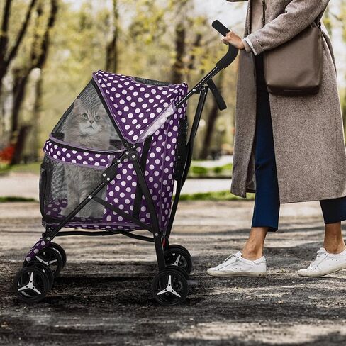 MoNiBloom 4 Wheels Pet Stroller, Easy-Fold Puppy Cage Jogger Stroller with Sun Cover, Pad and Rear Storage Bag, Breathable and Visible Mesh for Small/Medium Pets up to 22 lbs, Balck in Saudi Arabia