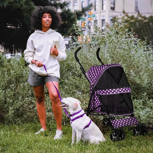MoNiBloom 4 Wheels Pet Stroller, Easy-Fold Puppy Cage Jogger Stroller with Sun Cover, Pad and Rear Storage Bag, Breathable and Visible Mesh for Small/Medium Pets up to 22 lbs, Balck in Saudi Arabia