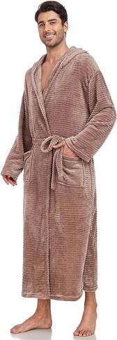 رداء بغطاء للرأس للرجال من VintageClothing مصنوع من الصوف القطيفة، معطف منزلي ناعم منفوش، رداء صالة بطول كامل مع جيوب in Kuwait