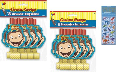 Curious George Birthday Party Supplies Bundle Pack includes 16 Party Blowouts and 1 Dinosaur Sticker Sheet in Saudi Arabia